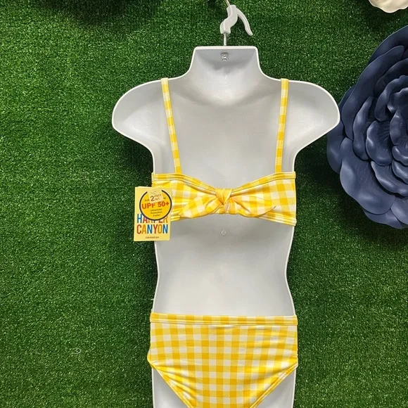Harper Canyon yellow and white checkered ruffle 2 piece bathing suit size 3T new